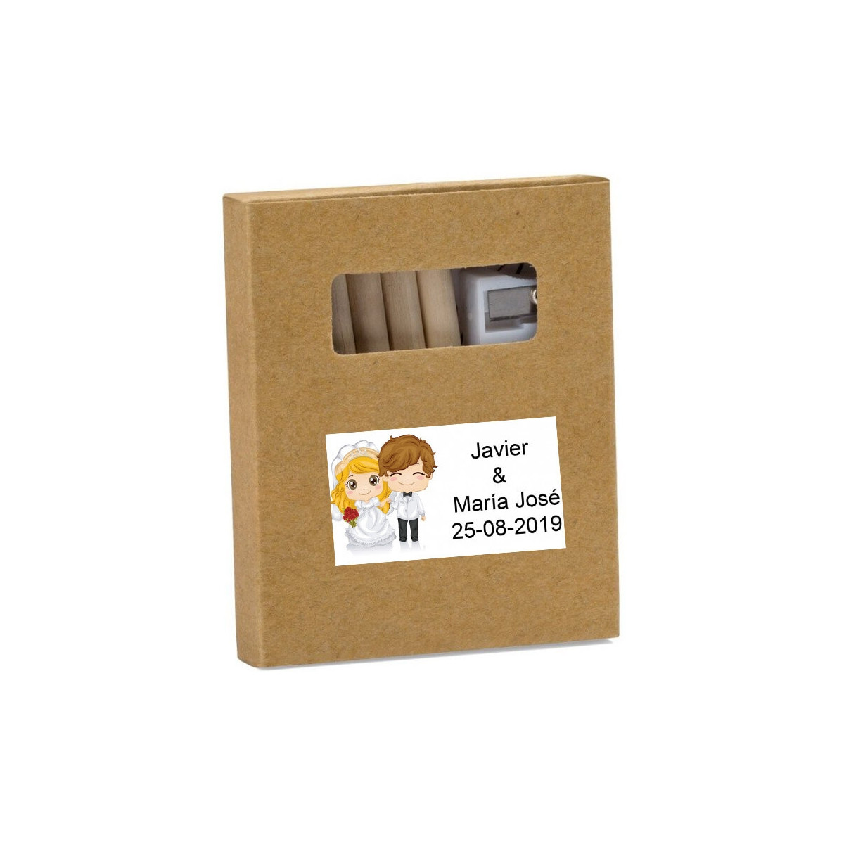 Lapices de colorear en caja kraft personalizada con adhesivo boda con nombres y fecha