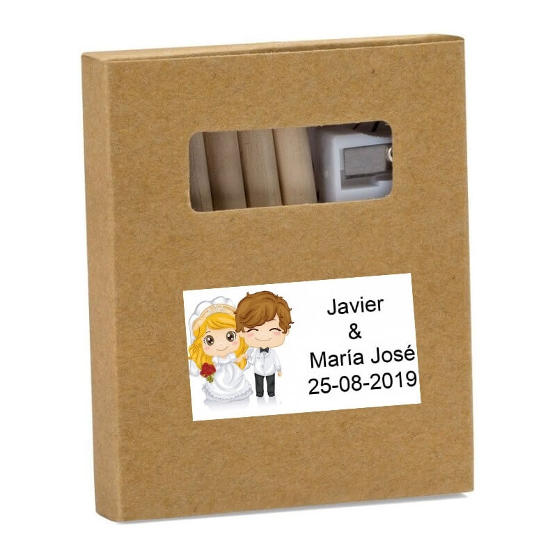 Lapices de colorear en caja kraft personalizada con adhesivo boda con nombres y fecha