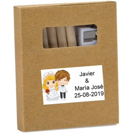 Lapices de colorear en caja kraft personalizada con adhesivo boda con nombres y fecha