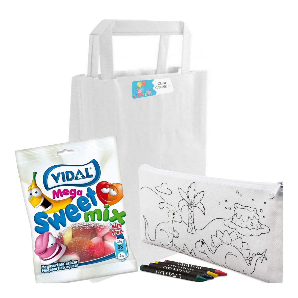 Estuche para colorear y chuches en bolsa personalizada con adhesivo infantil