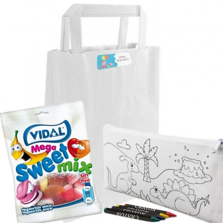 Estuche para colorear y chuches en bolsa personalizada con adhesivo infantil