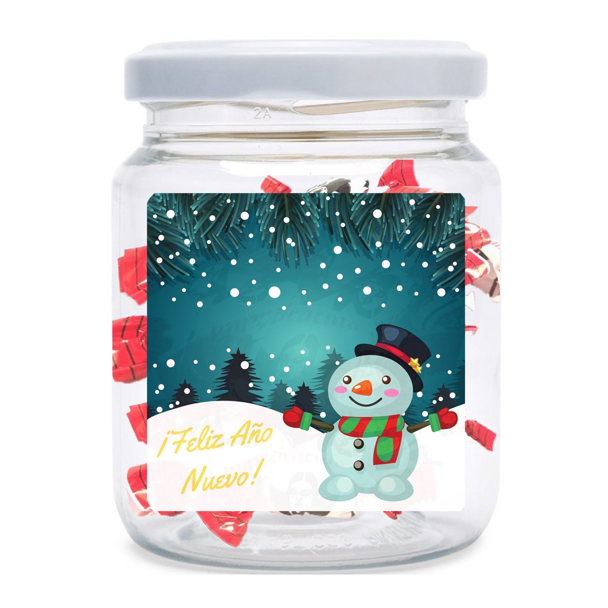 Tarro con adhesivo feliz navidad relleno de caramelos dráculas