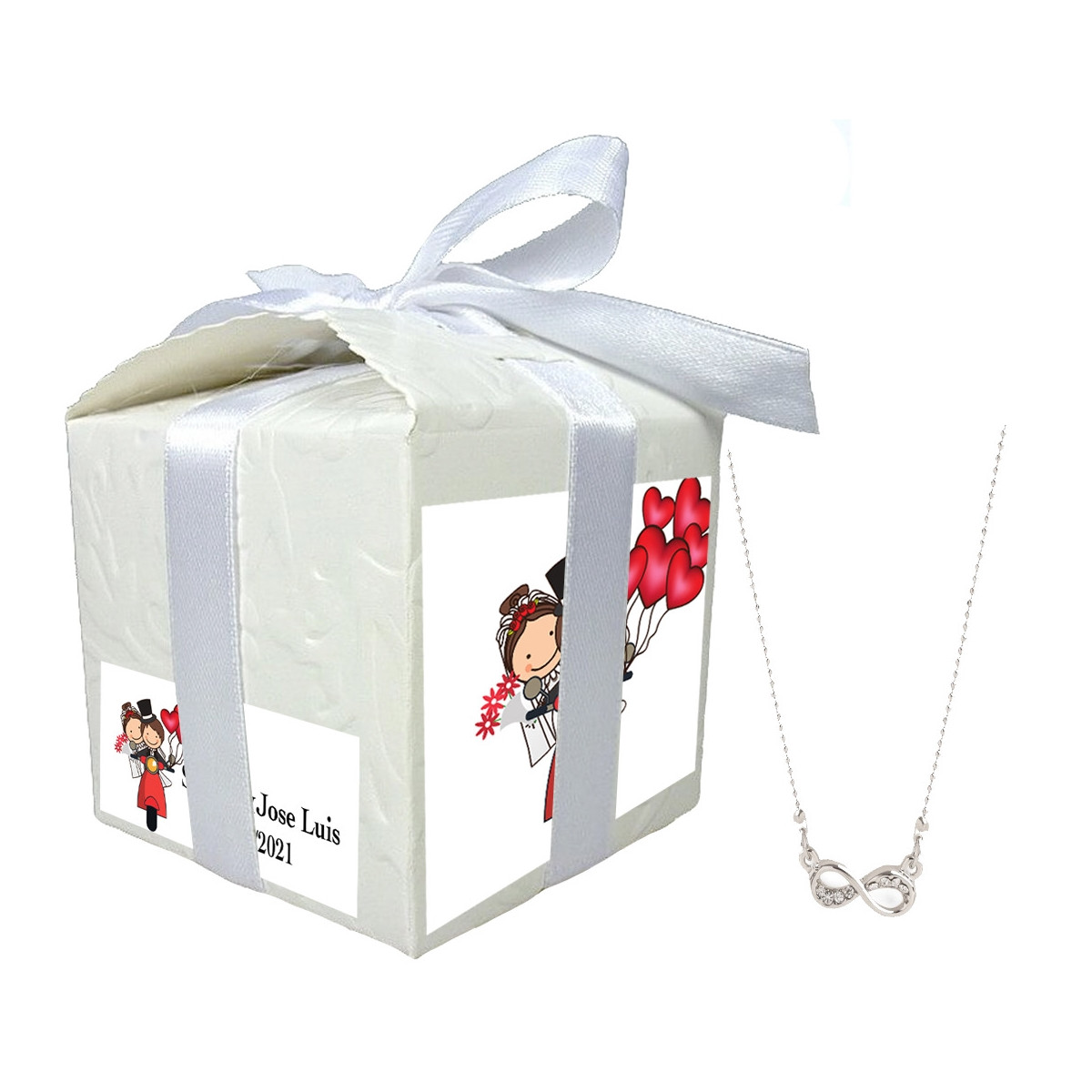 Colgante infinito en caja personalizada con nombres y fecha y adhesivo boda