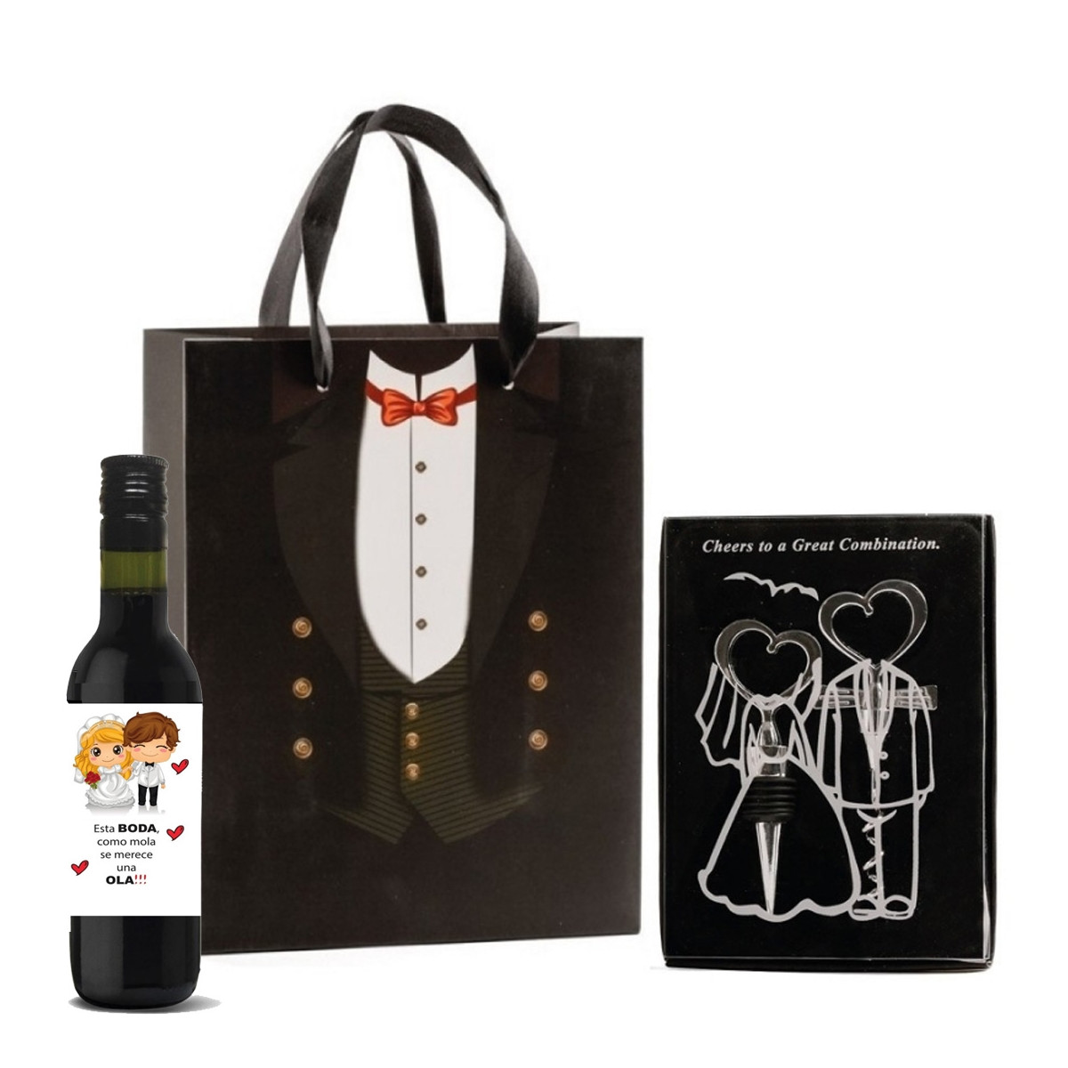 Set de tapón y sacacorchos con botella pequeña de vino en bolsa de cartón