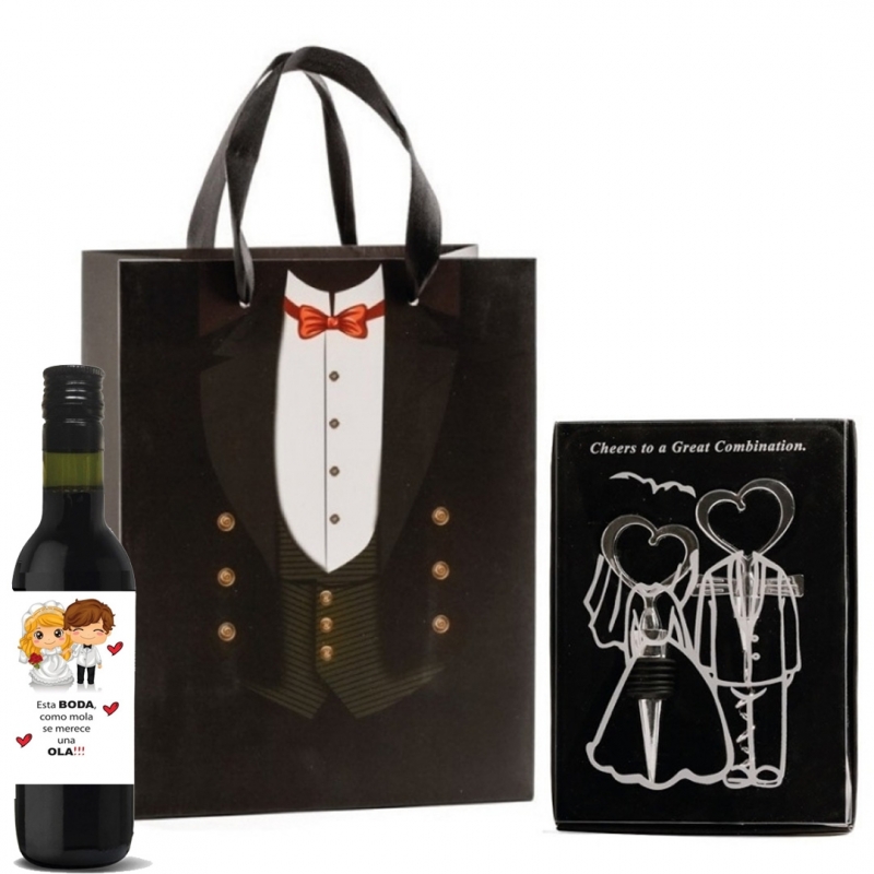 Set De Tapón Y Sacacorchos Con Botella Pequeña De Vino En Bolsa De Cartón Set De Tapón Y Sacacorchos Con Botella Pequeña De Vino En Bolsa De Cartón
