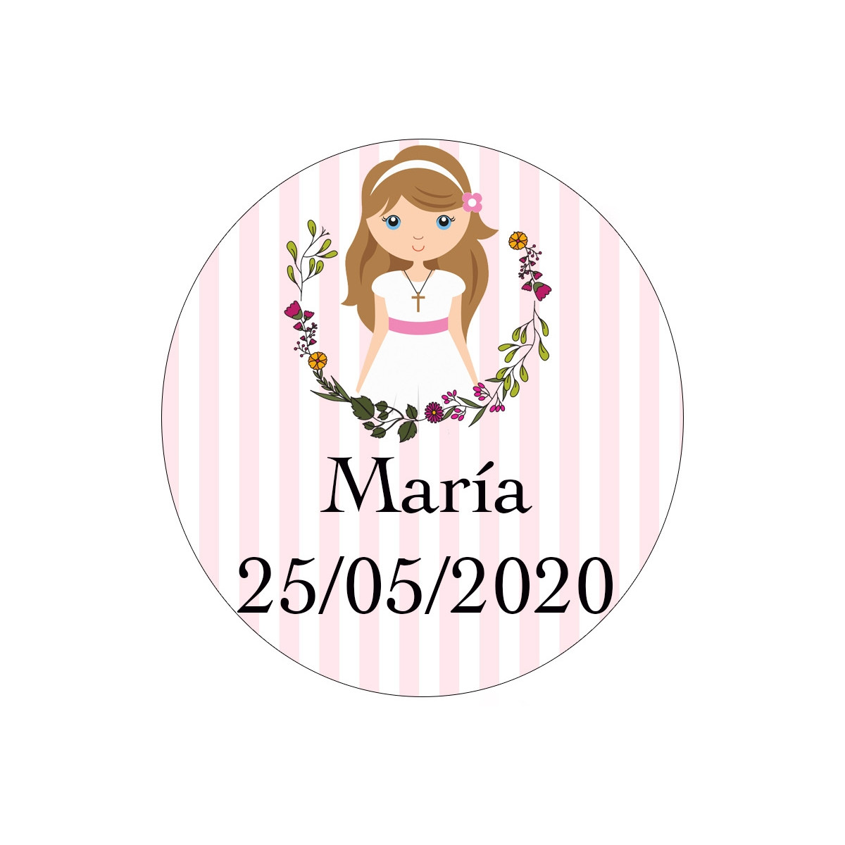 Adhesivo personalizado para Primera Comunión Diseño niña con vestido blanco