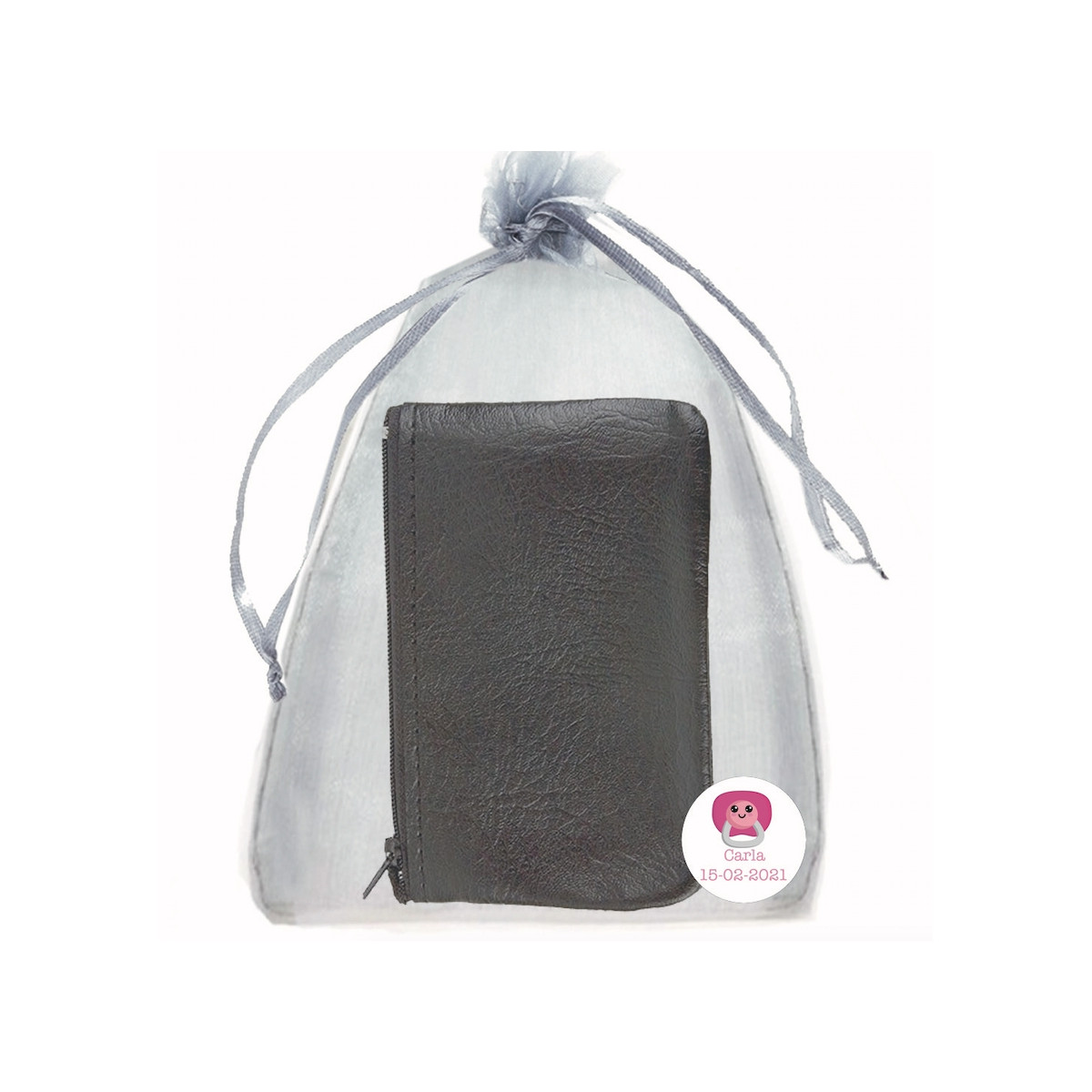Monedero de polipiel negro con bolsa de organza y adhesivo personalizado Un detalle elegante y práctico