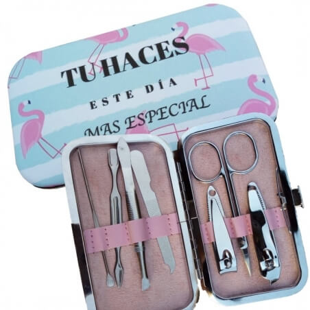 Set de manicura flamenco en cajita de cartón con asas