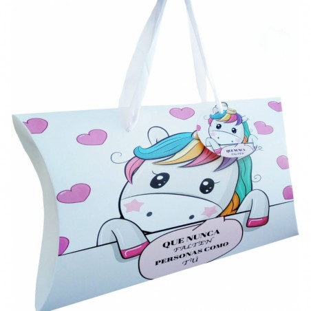 Monedero chuches lápiz y pulsera en cajita de unicornio con asas