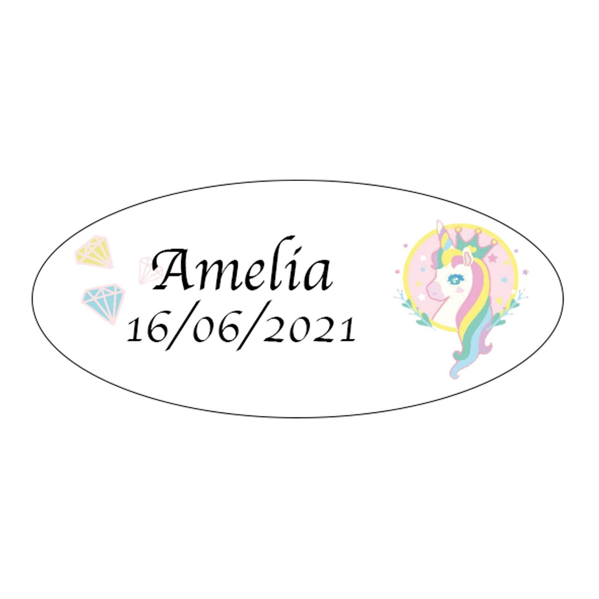 Adhesivo Ovalado Personalizado Unicornio Ideal para Comuniones y Cumpleaños Infantiles