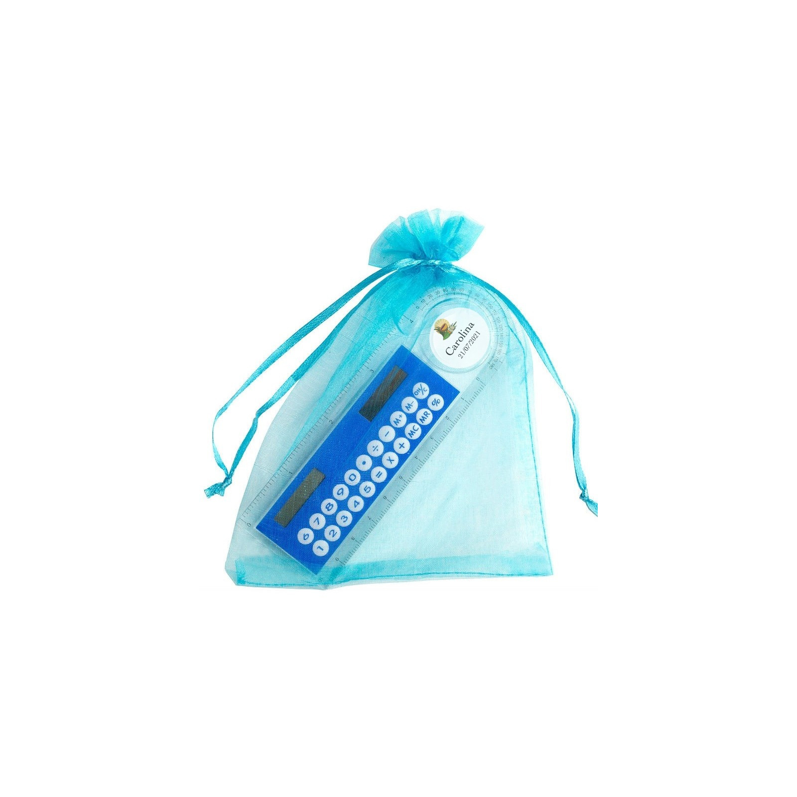 Calculadora solar en bolsa de organza personalizada para comunión