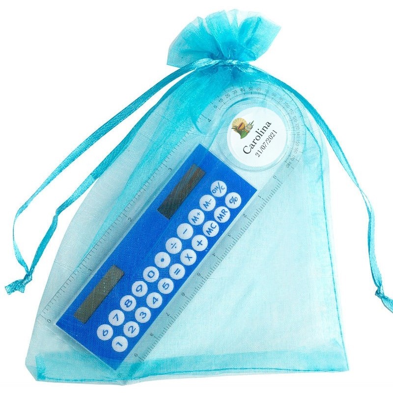 Calculadora solar en bolsa de organza personalizada para comunión
