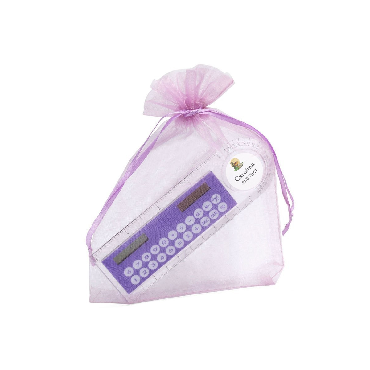 Calculadora solar personalizada para comunión en bolsita de organza