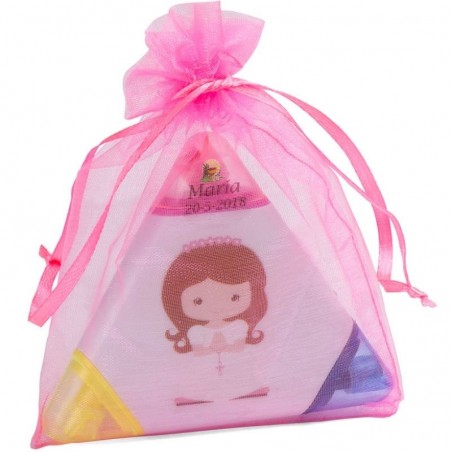 Marcador tricolor personalizado para comunión con adhesivo niña comunión en bolsa de organza