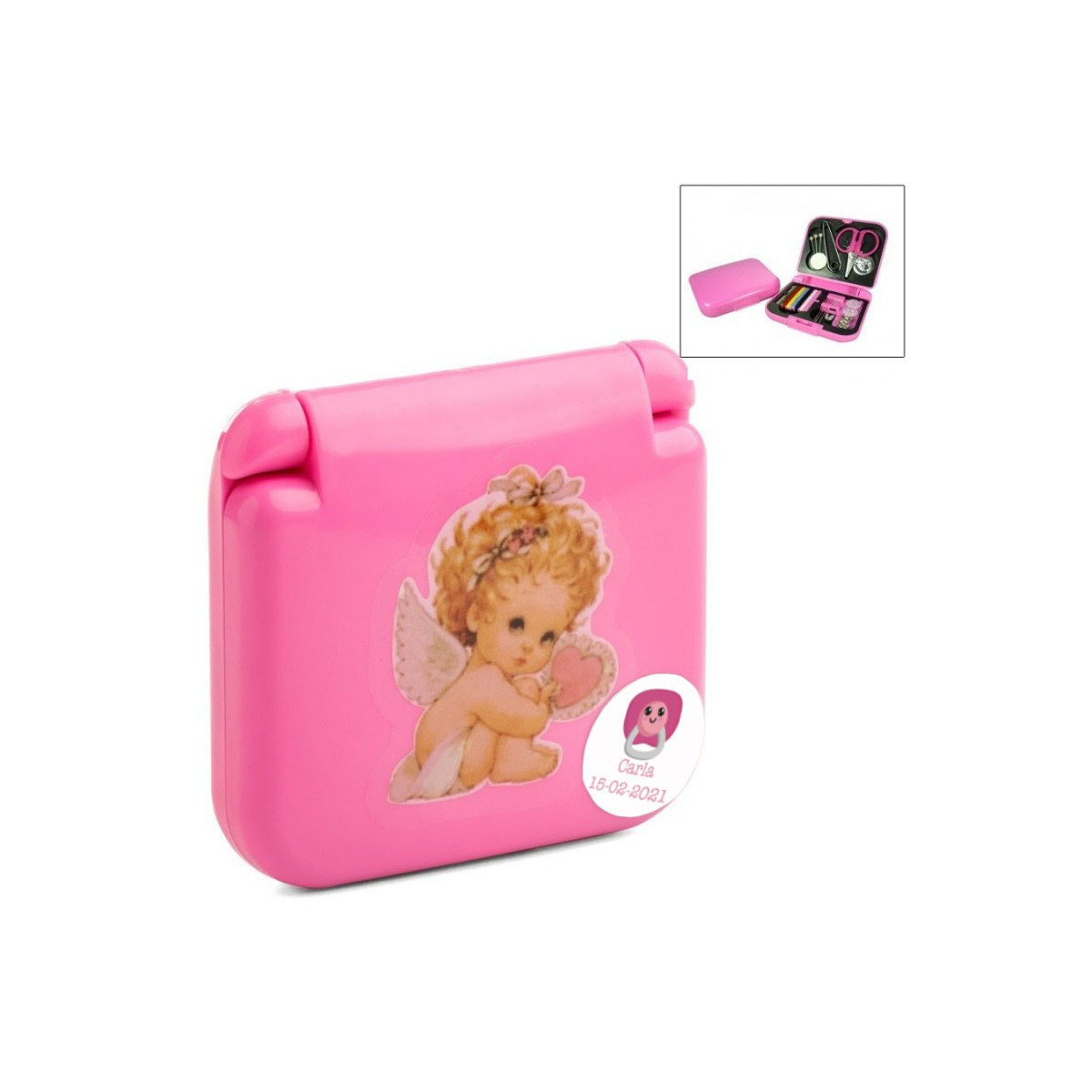 Costurero de bolso personalizado para bautizo o baby shower con adhesivo angelito