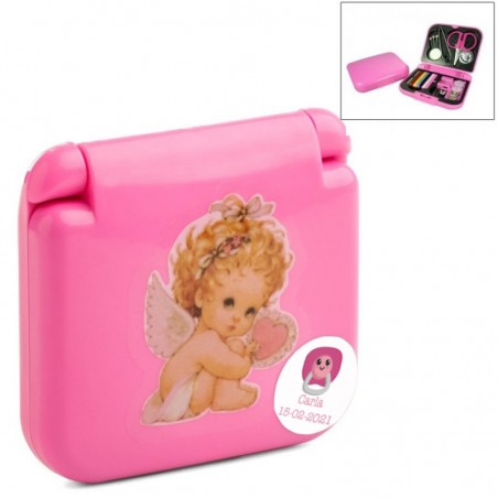 Costurero de bolso personalizado para bautizo o baby shower con adhesivo angelito