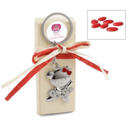 Llaveros bautizo niña en cajita con peladillas y personalizado con adhesivo