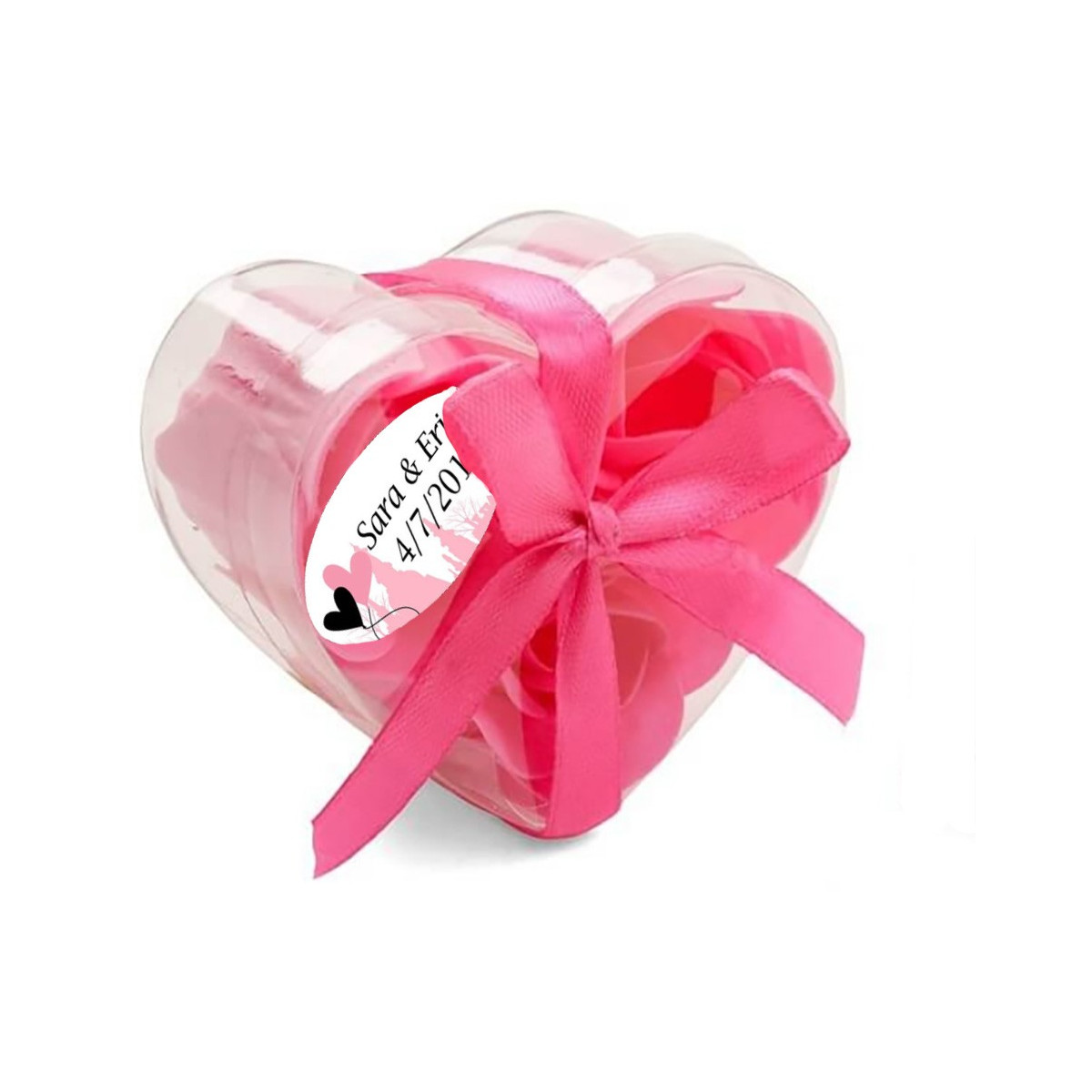Rosas de jabón en caja de acetato corazón con adhesivo para boda personalizado