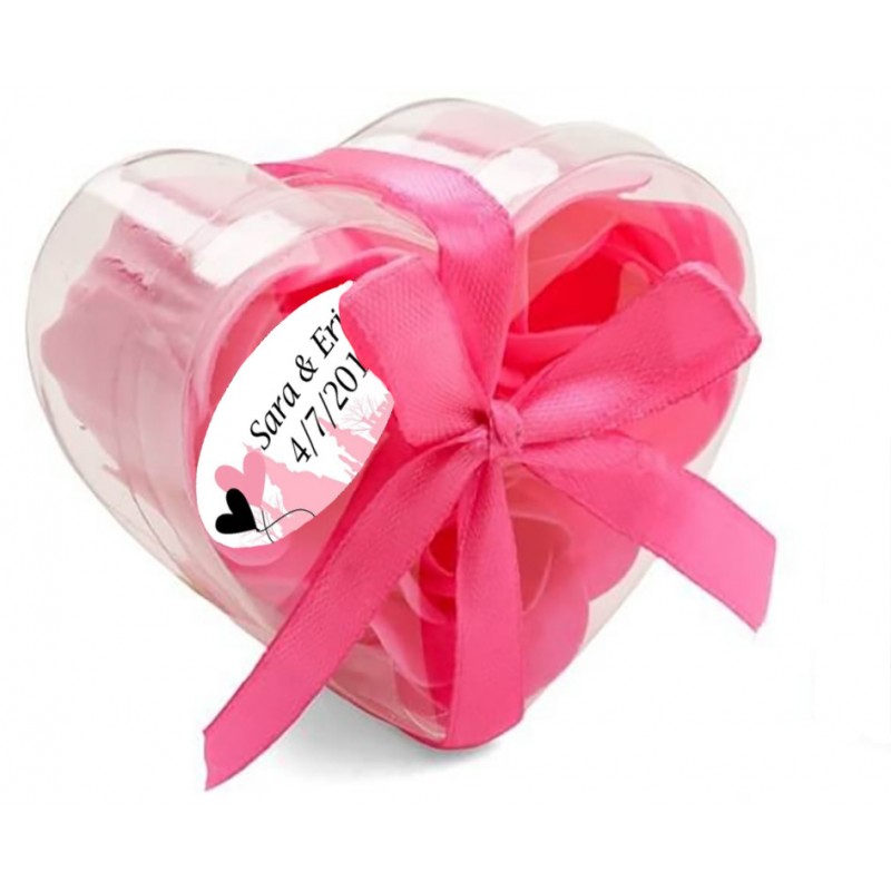 Rosas de jabón en caja de acetato corazón con adhesivo para boda personalizado