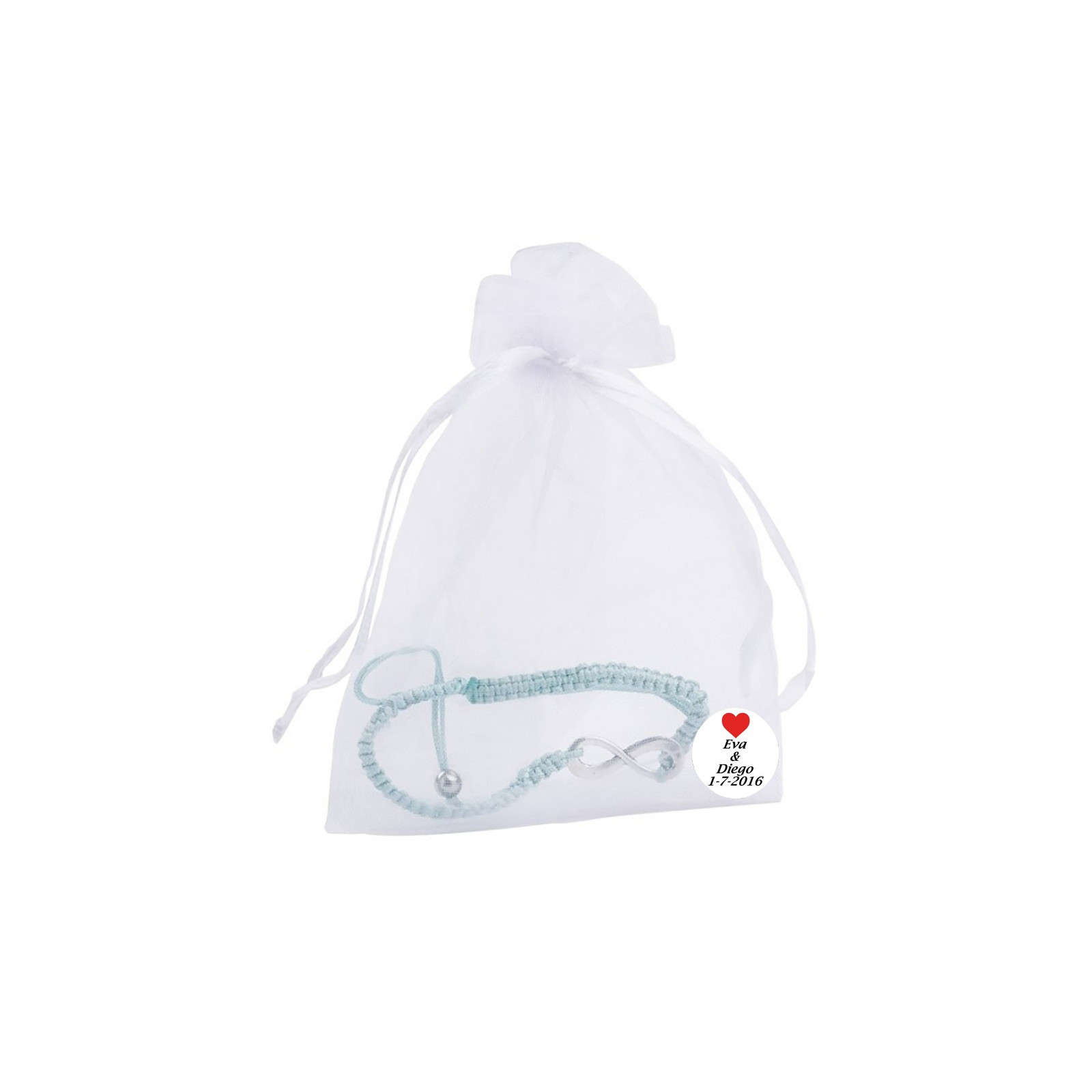 Pulsera en bolsa de organza con símbolo infinito y adhesivo personalizado