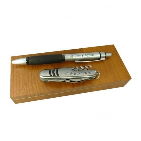 Navaja + bolígrafo en caja de madera personalizados para detalles de bautizo