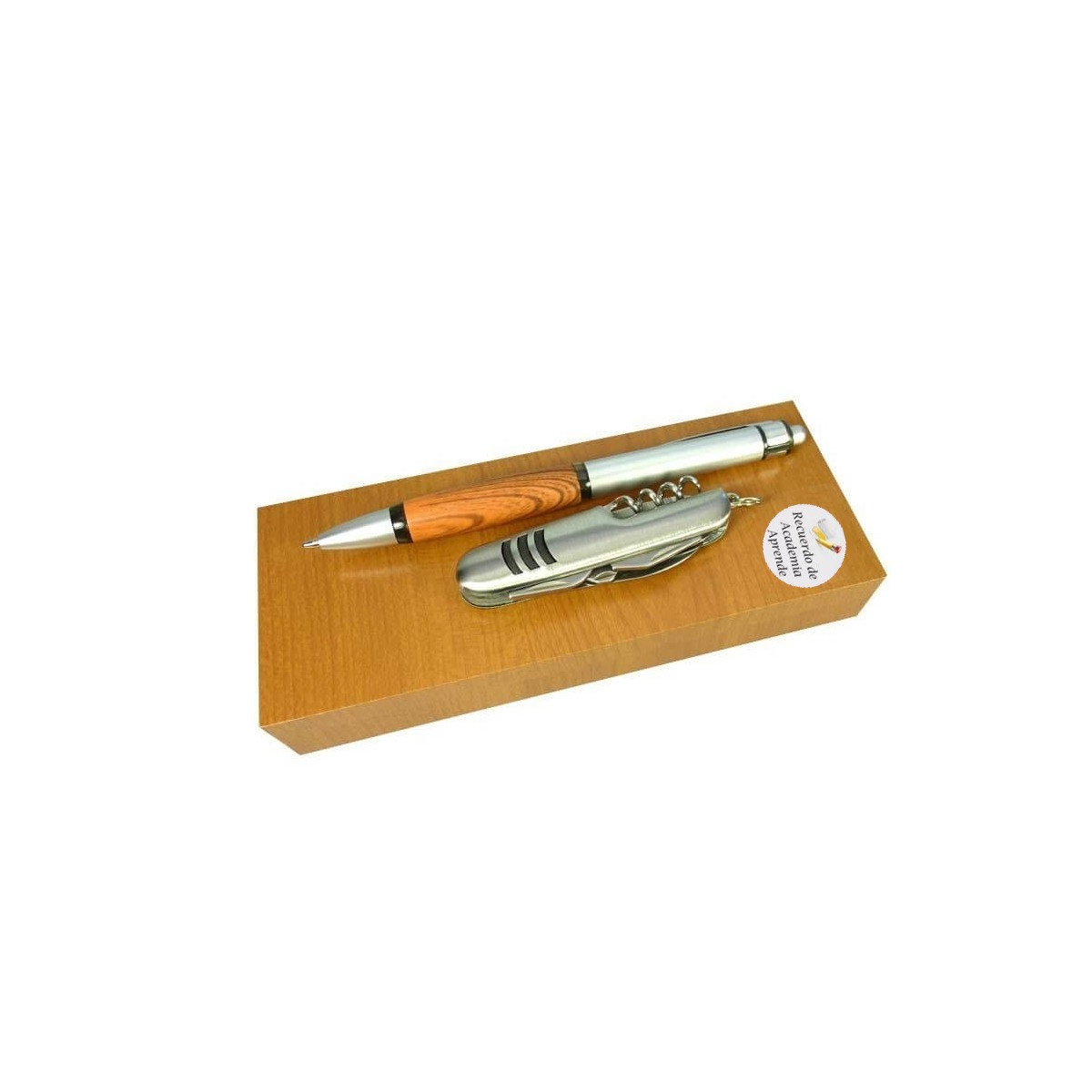 Navaja y bolígrafo en caja de madera personalizada para colegios fin de año