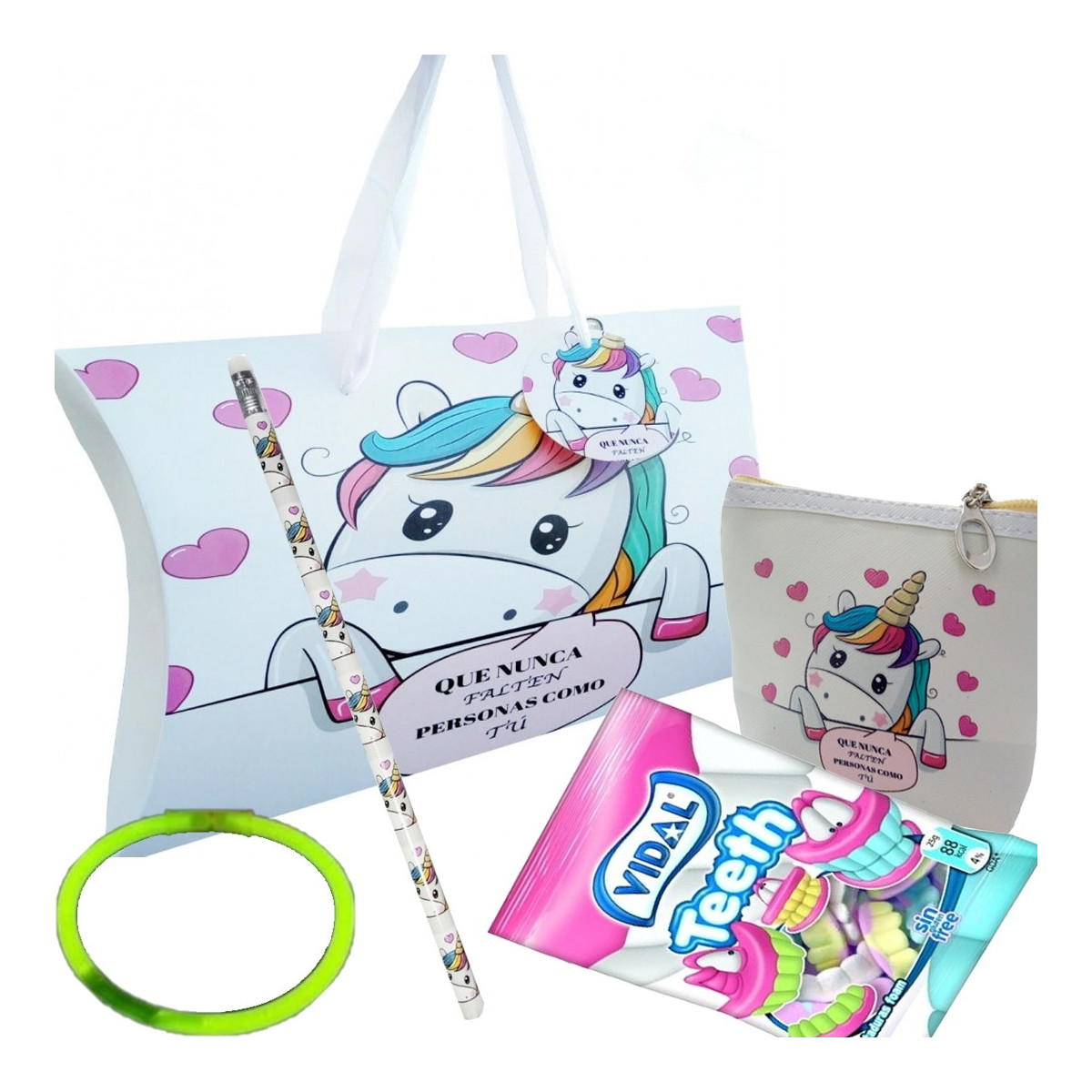 Monedero chuches lápiz y pulsera en cajita de unicornio con asas