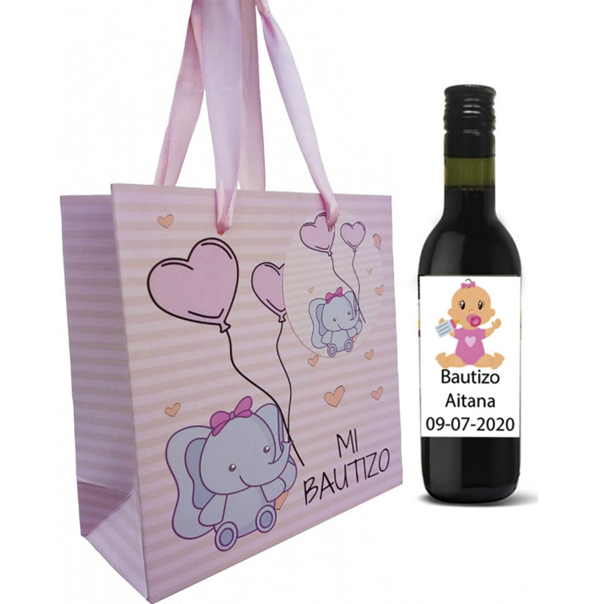 Vino tinto invitados bautizo con bolsa personalizado