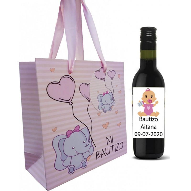 Vino tinto invitados bautizo con bolsa detalles personalizados