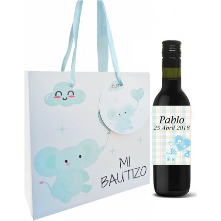 Vino con bolsa bautizo detalles personalizados