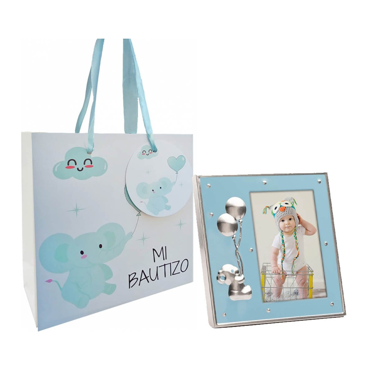 Portafoto azul con bolsa