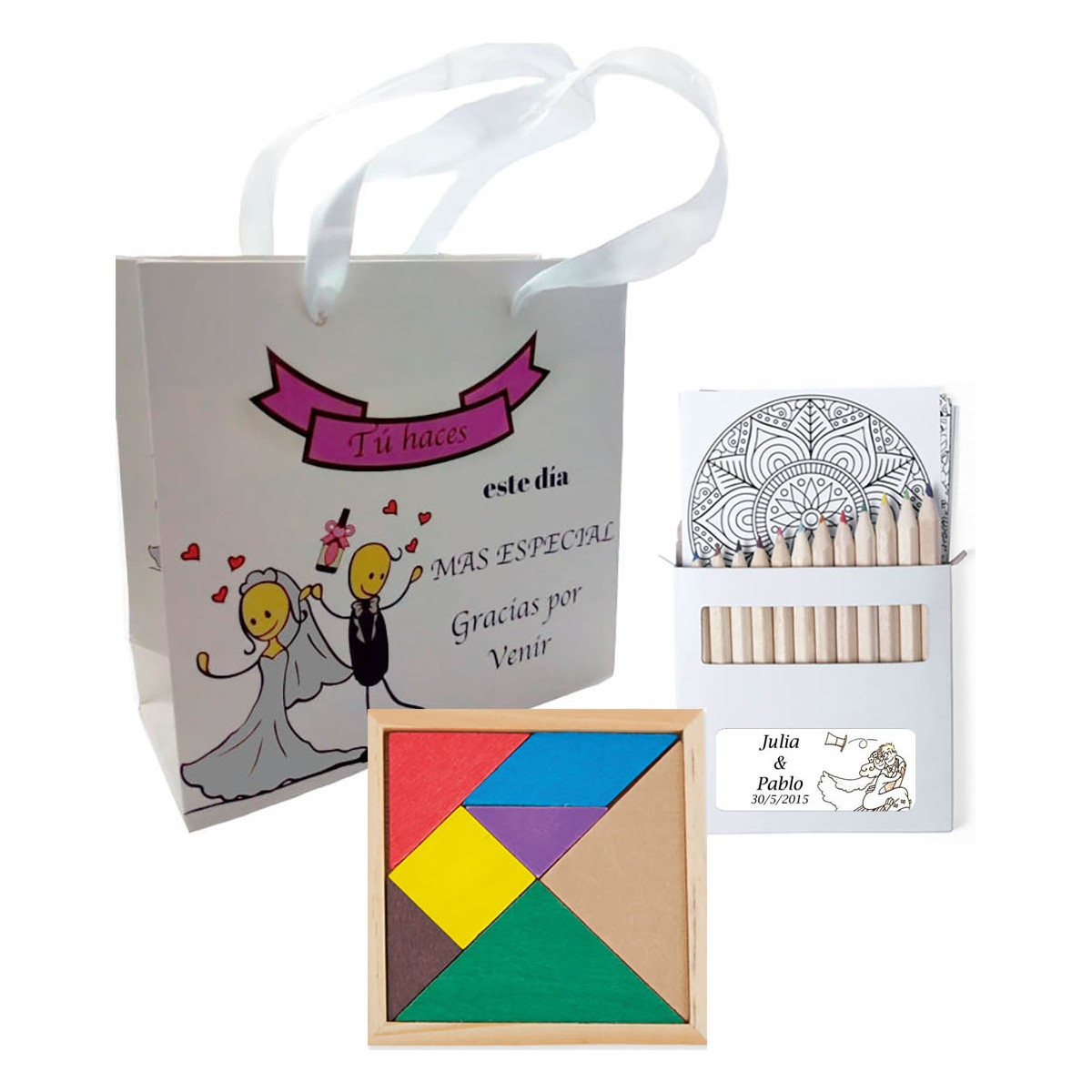Puzzle con set de lápices y bolsa detalles personalizados boda