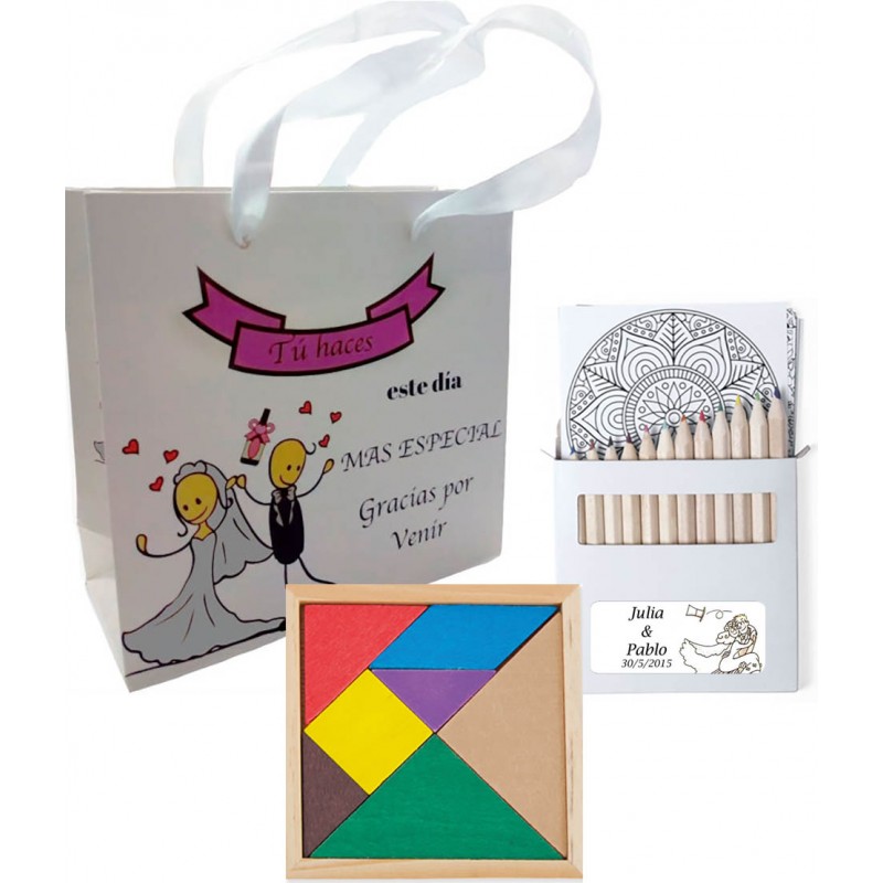 Puzzle con set de lápices y bolsa detalles personalizados boda