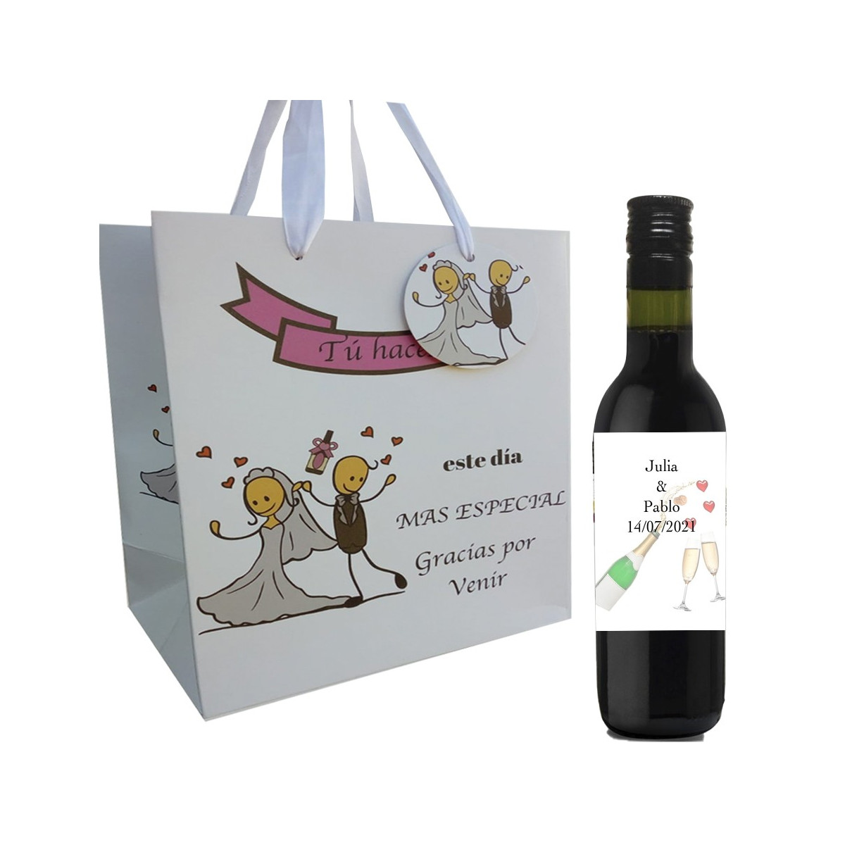 Tinto para boda con bolsa personalizado