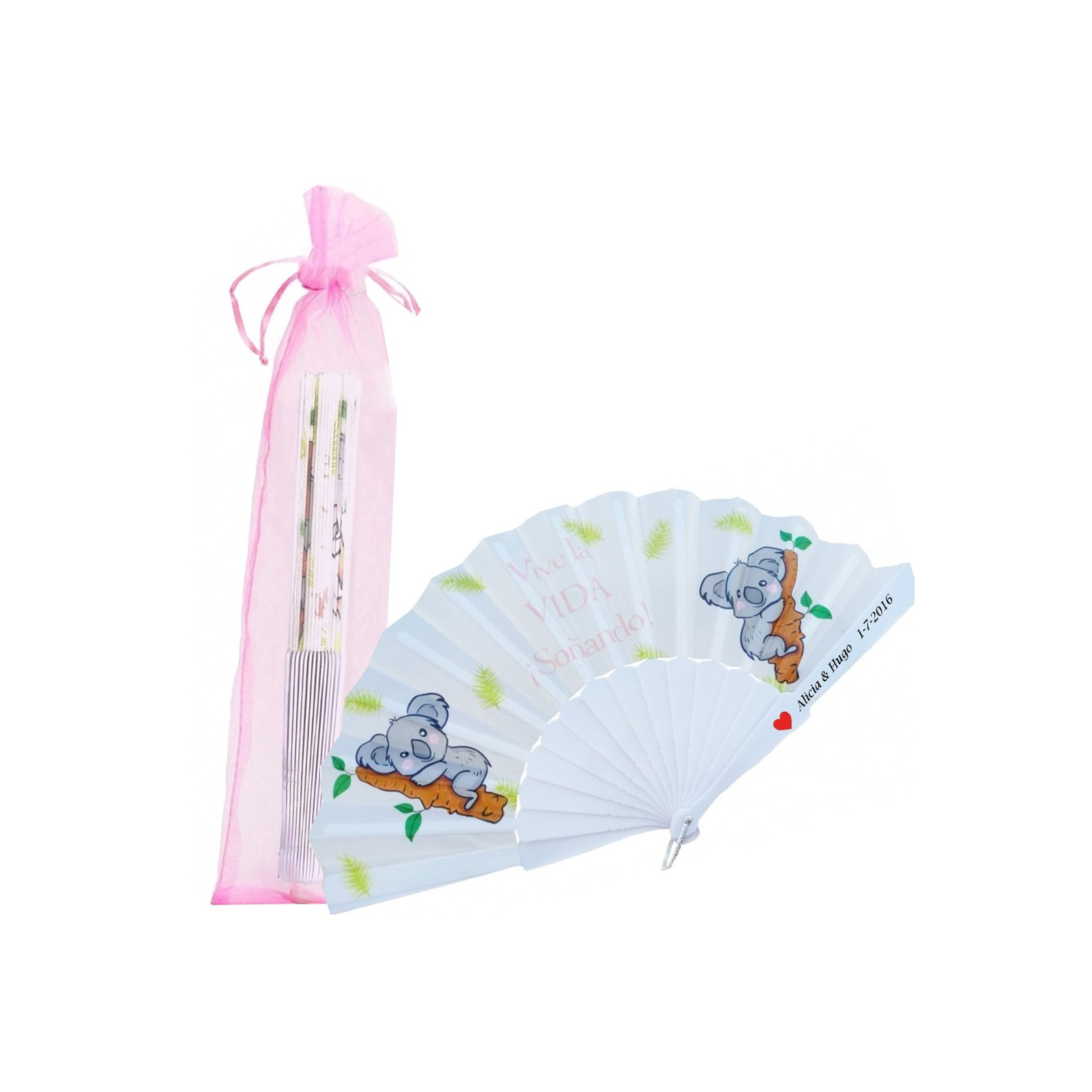 Abanico para invitados personalizado con adhesivo corazón