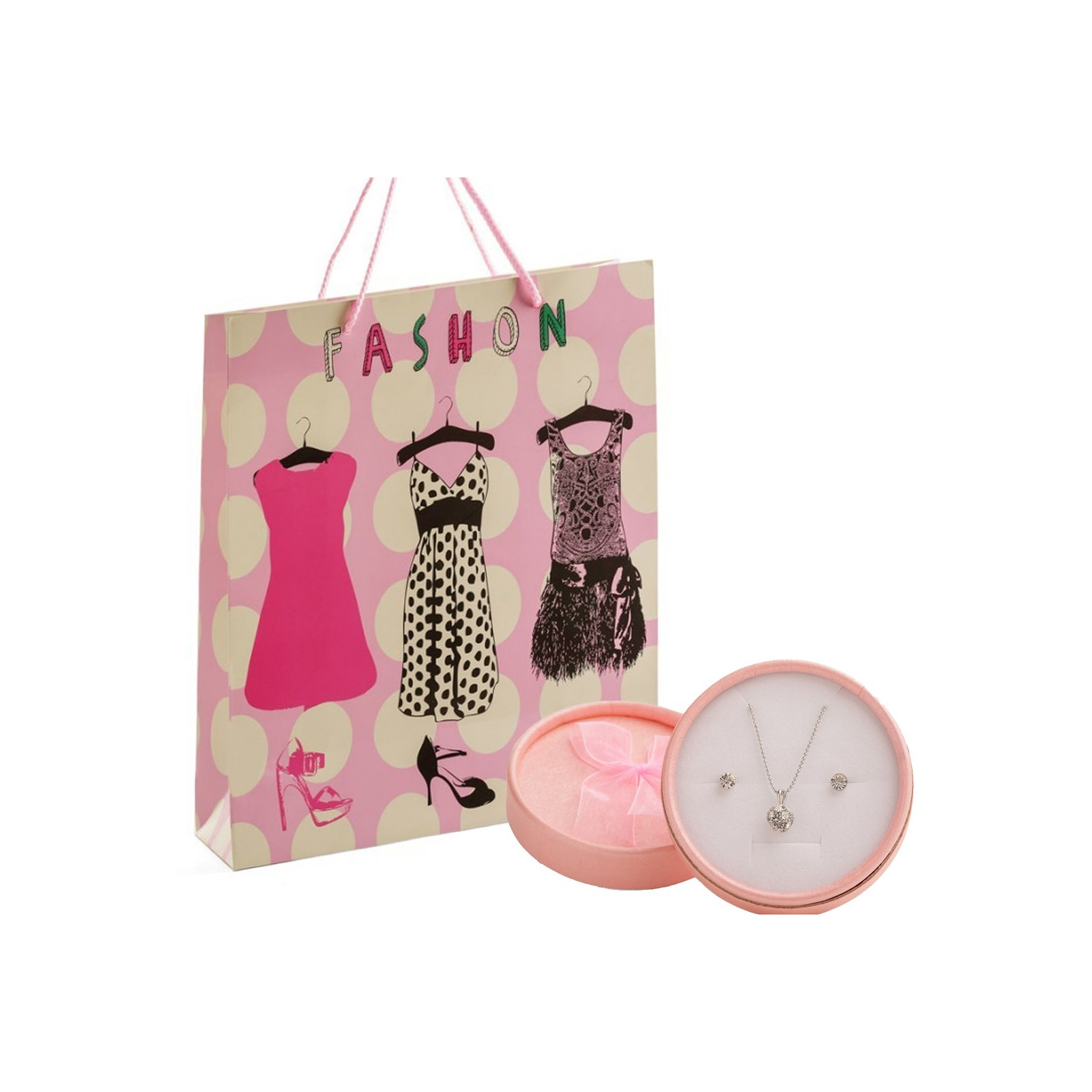 Cadena con colgante y pendientes en cajita rosa presentado en bolsa de cartón