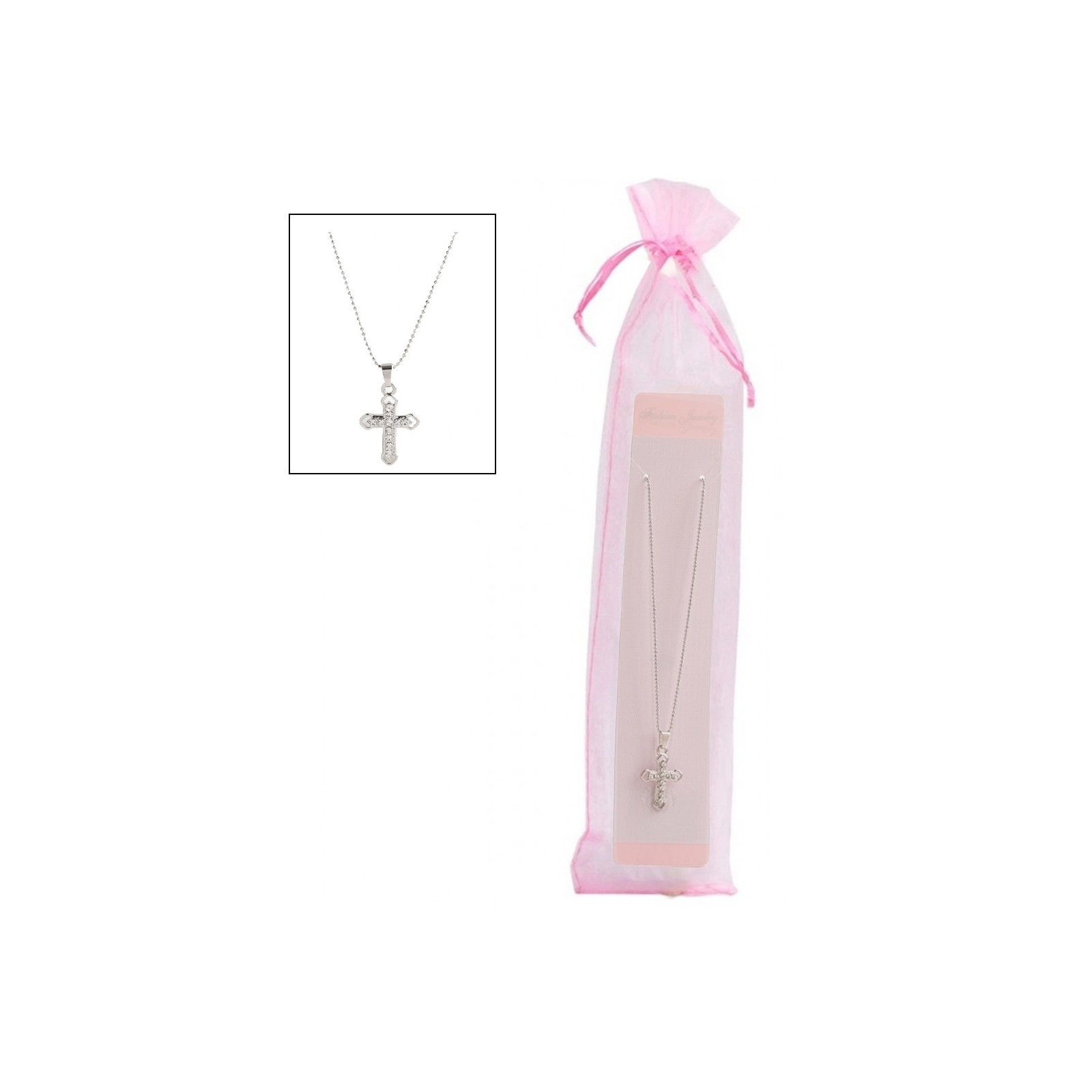 Cadena con colgante cruz en bolsita de organza