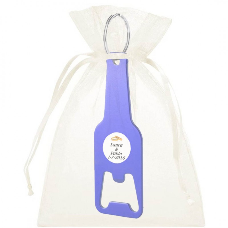 Llavero abridor con bolsa y adhesivo de boda personalizado