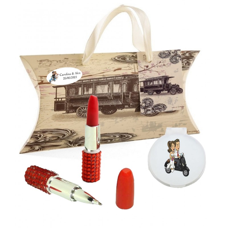 Espejo Con Adhesivo Y Bolígrafo Pintalabios Rojo En Caja Personalizada Con Adhesivo Novios Moto Espejo Con Adhesivo Y Bolígrafo Pintalabios Rojo En Caja Personalizada Con Adhesivo Novios Moto