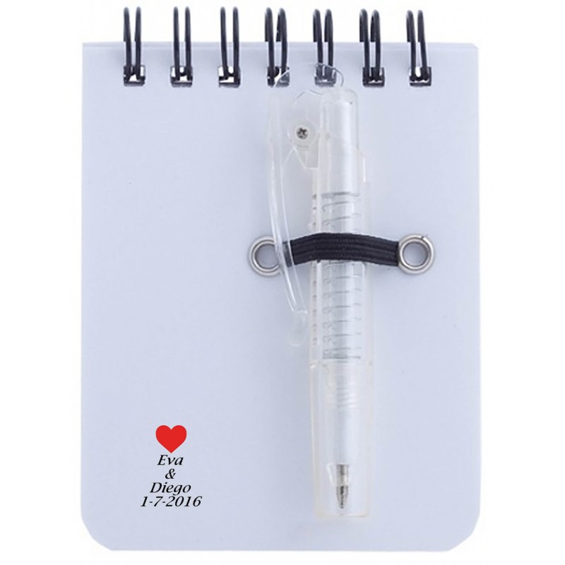 Libreta con bolígrafo y adhesivo personalizado para bodas