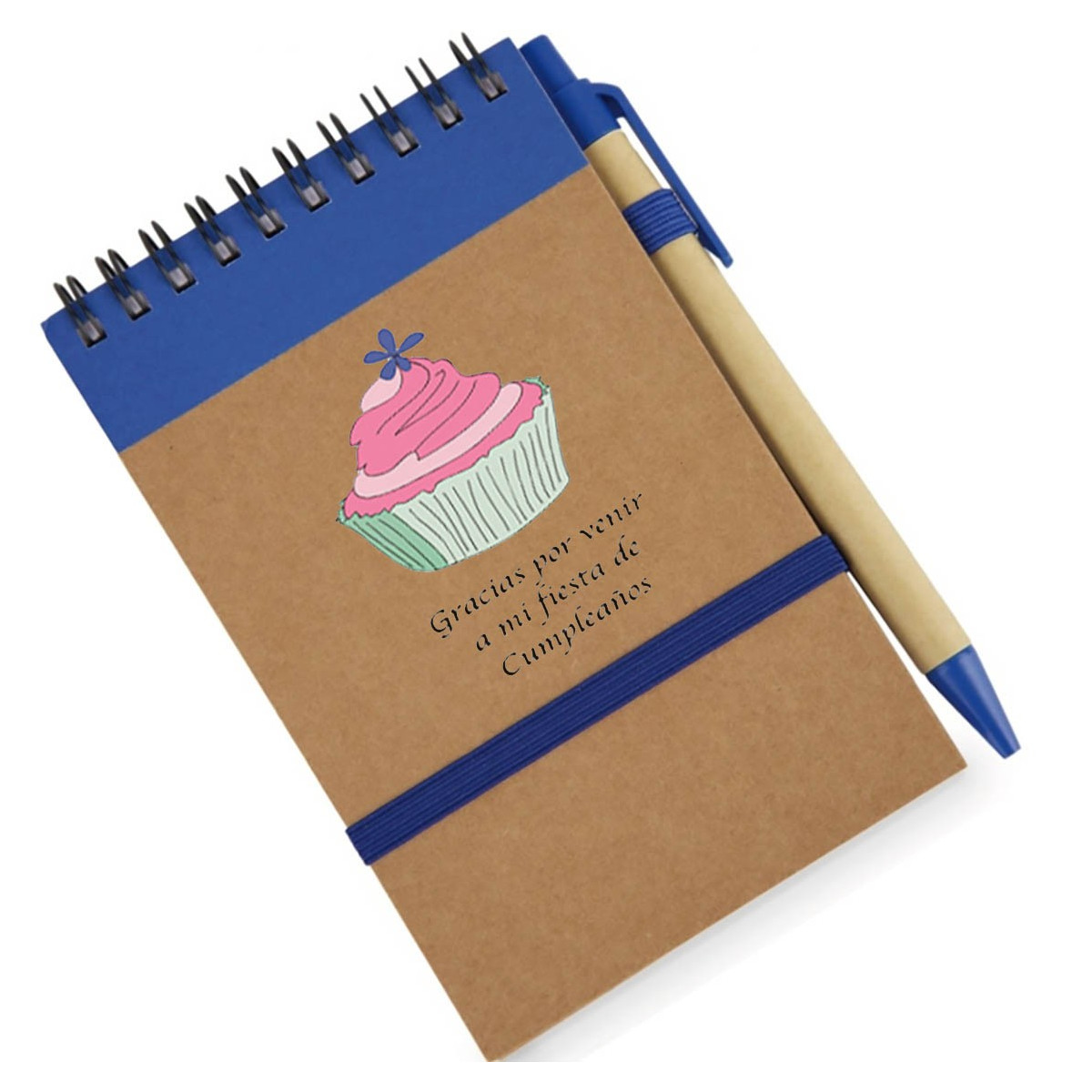 Libreta azul con bolígrafo y adhesivo cumpleaños