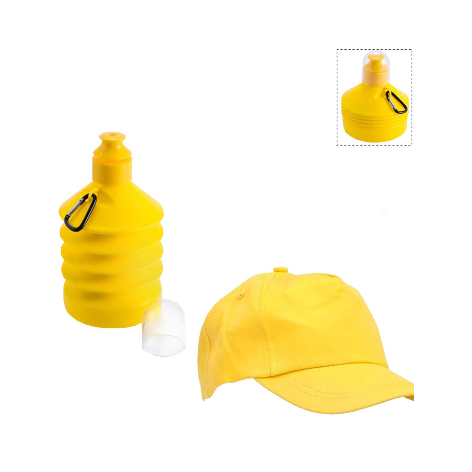 Bidón para agua y gorra amarilla para niños