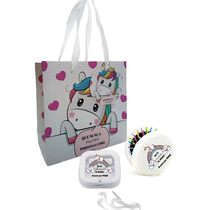 Auricular En Caja Con Espejo Cepillo Unicornio Con Bolsa Auricular En Caja Con Espejo Cepillo Unicornio Con Bolsa