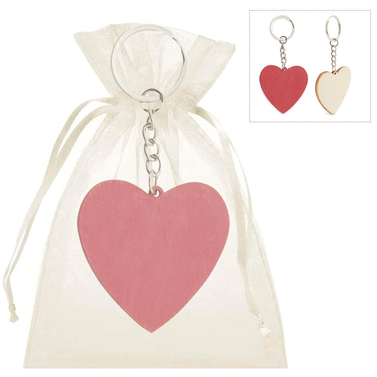 Llavero corazón de madera con bolsa de organza
