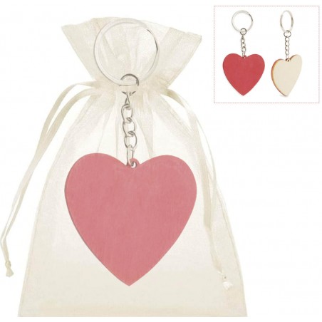 Llavero Corazón De Madera Con Bolsa De Organza