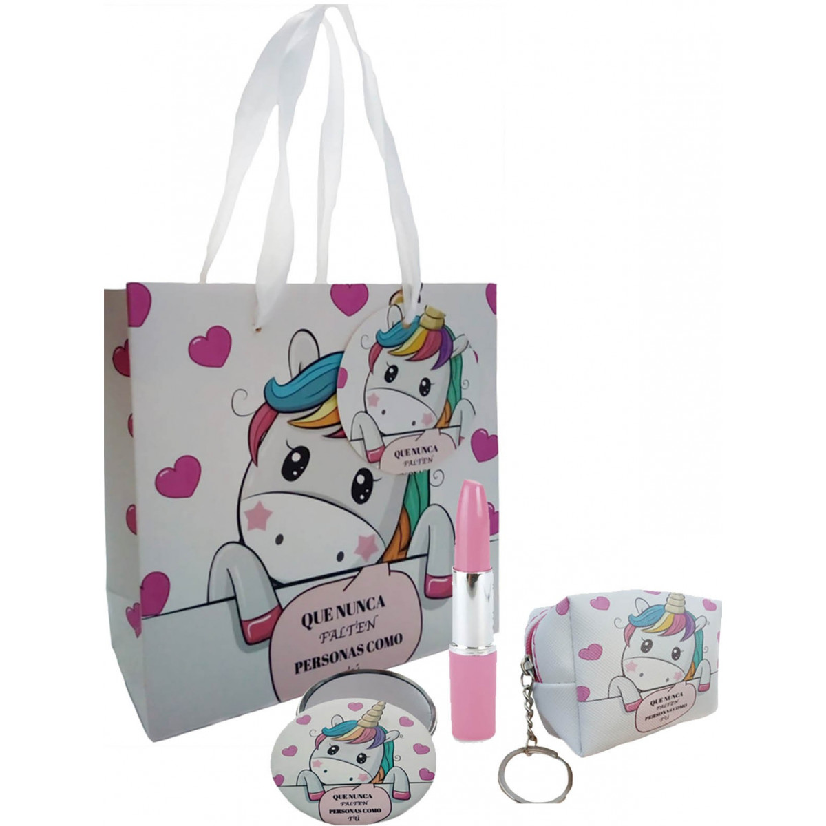 Detalles Unicornio Set Monedero, Espejo y Bolígrafo Pintalabios en Bolsa