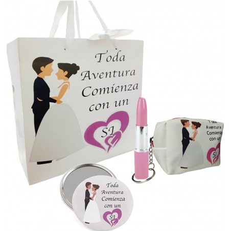 Set de regalo en bolsa para boda con espejo monedero y bolígrafo