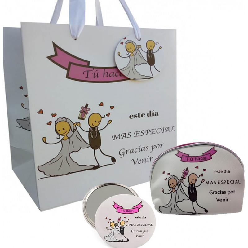 Set regalo para bodas con espejo monedero y bolsa