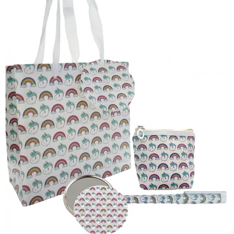 Set De Regalo En Bolsa Estampada Unicornio Con Boli, Espejo Y Monedero Set De Regalo En Bolsa Estampada Unicornio Con Boli, Espejo Y Monedero
