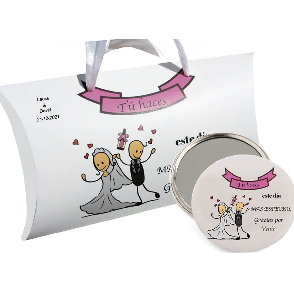 Espejo de bolso con tapa de corcho personalizado para bodas
